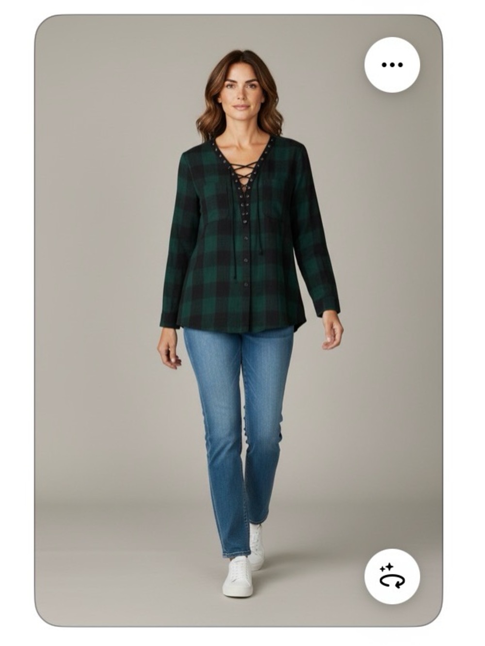 Lace-Up Green Plaid Long-Sleeve Tunic